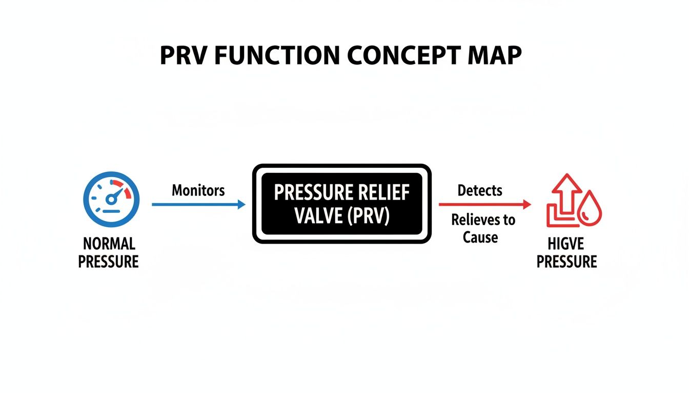 A concept map illustrates the function of a Pressure Relief Valve (PRV) in monitoring and relieving high pressure.