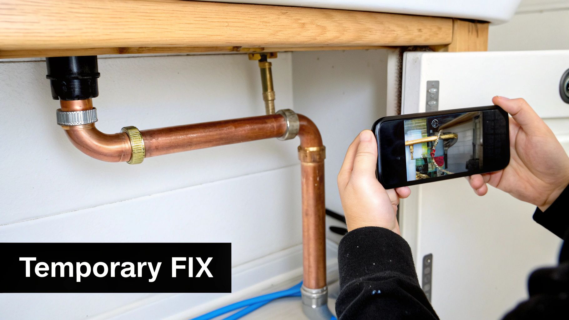 Person documenting leaking copper pipes under sink with smartphone for temporary plumbing repair