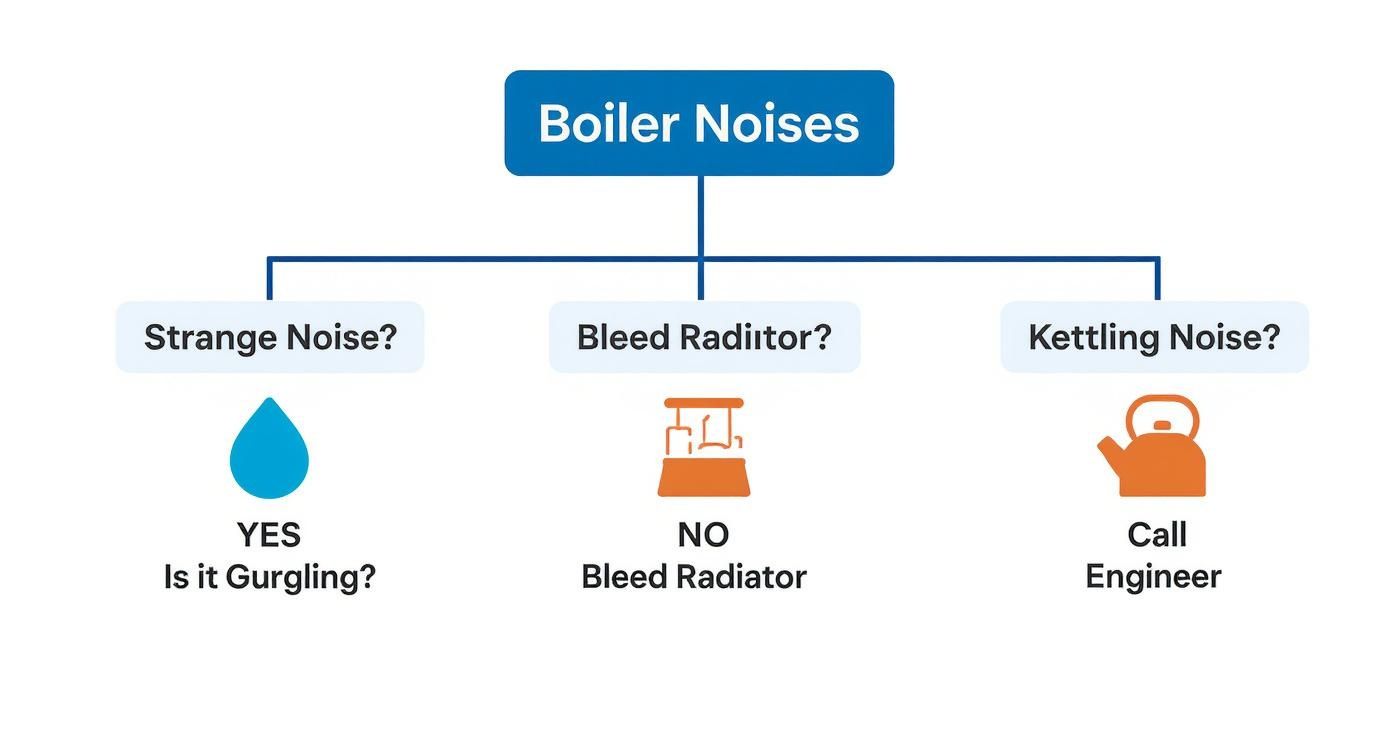 A flowchart detailing common boiler noises and their troubleshooting steps.