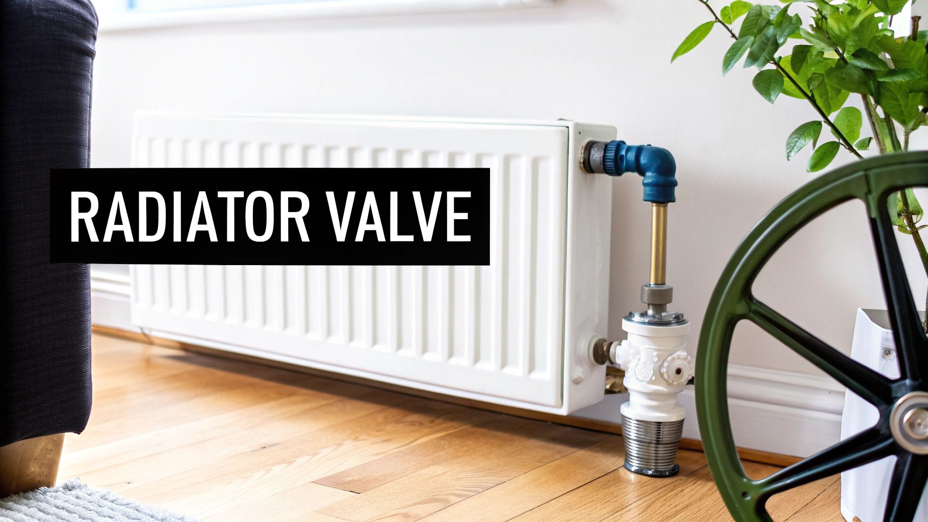 A modern white radiator with a unique blue and white valve on a wooden floor.