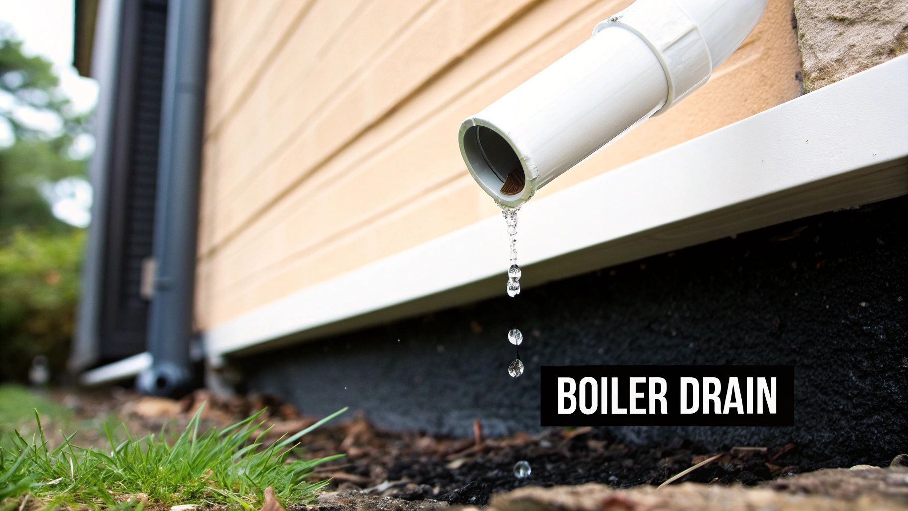 A white pipe, likely a boiler drain or condensate pipe, dripping water onto the ground next to a house.