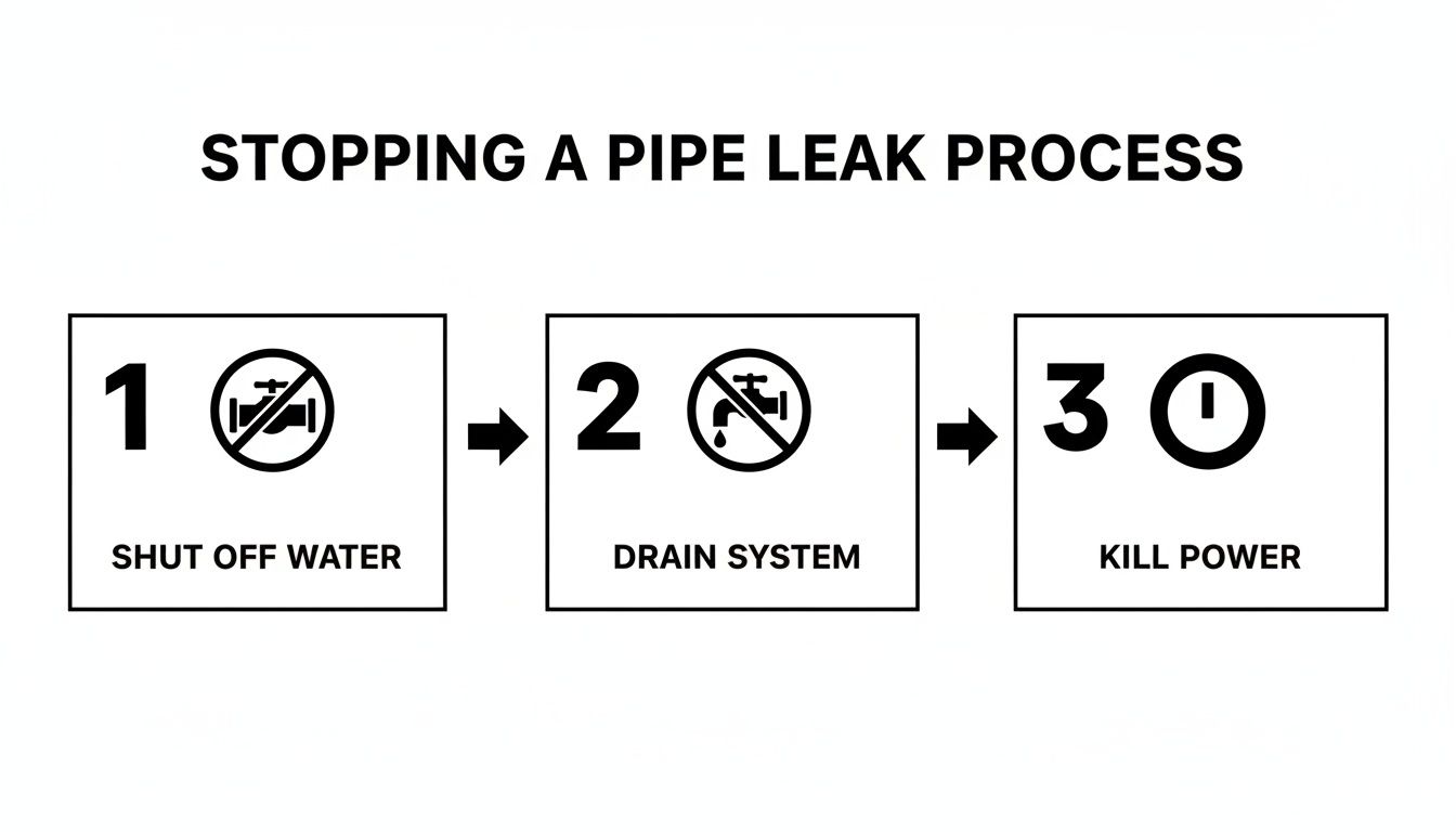 A three-step process diagram showing how to stop a pipe leak: shut off water, drain system, and kill power.