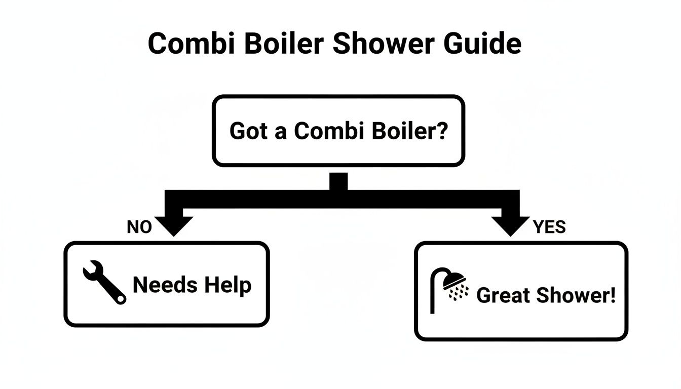 A flowchart titled 'Combi Boiler Shower Guide' helps determine if you'll have a great shower.