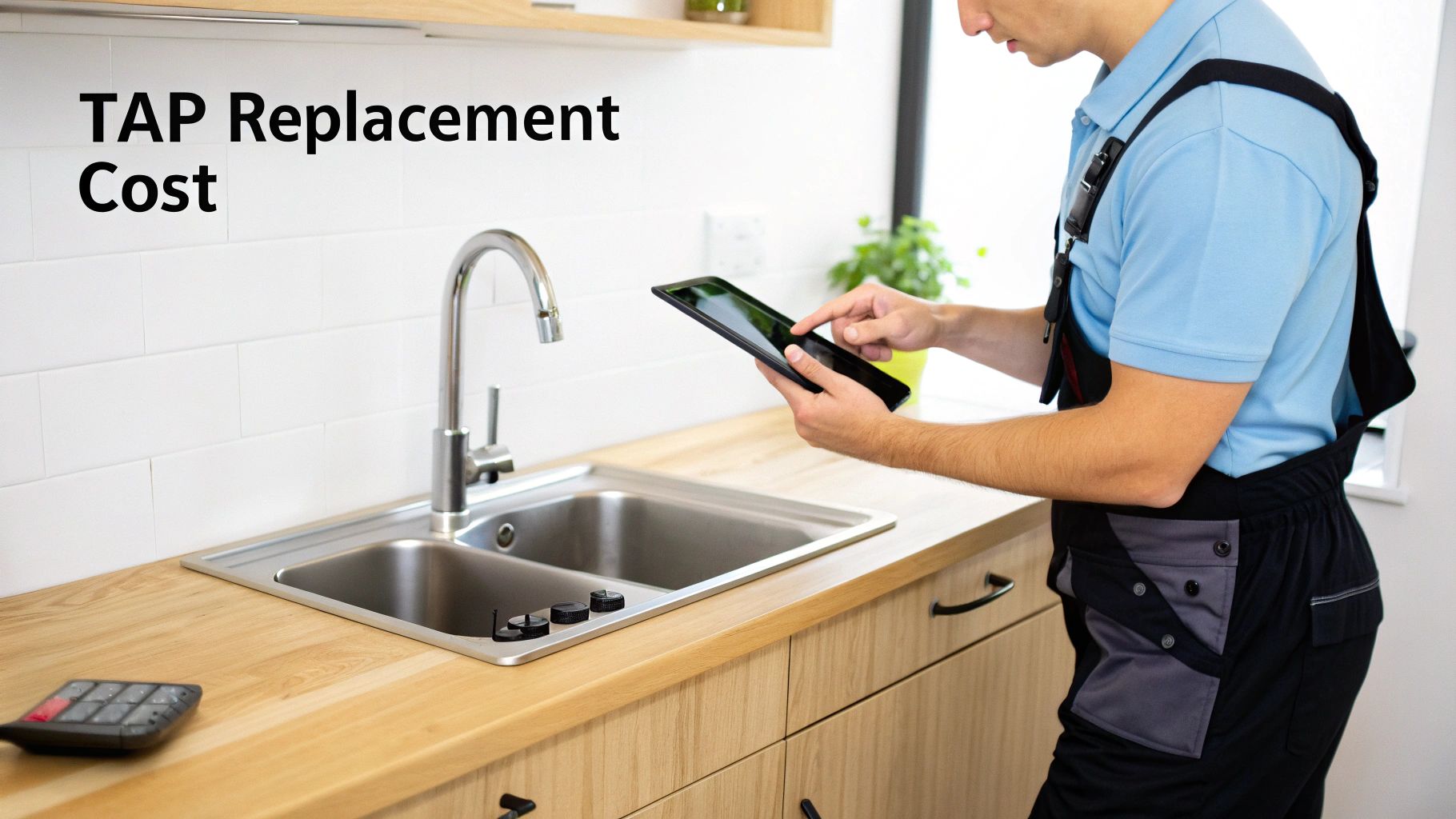 A plumber using a tablet to calculate tap replacement cost in a modern kitchen with a double sink.