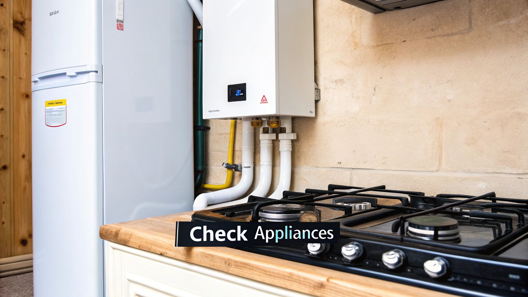A kitchen scene showing a white refrigerator, wall-mounted water heater, and a gas stove.