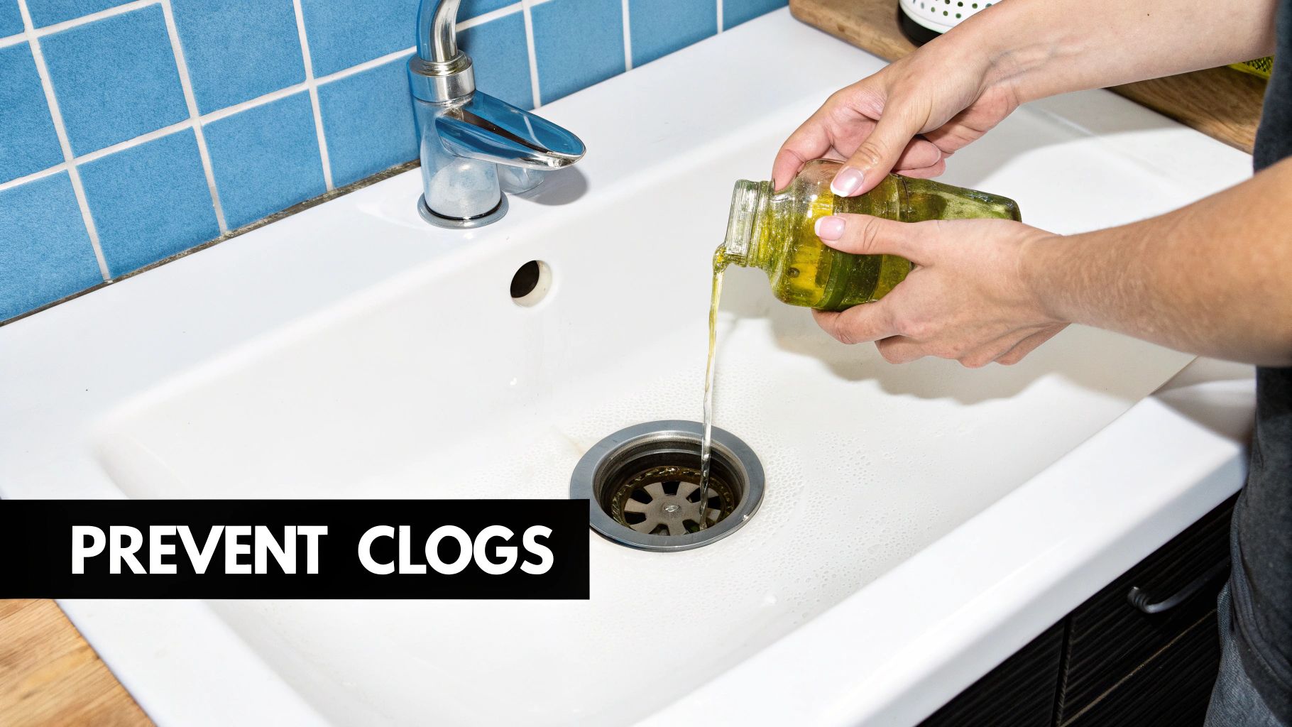 A person pours green liquid from a glass jar into a white sink drain, likely to prevent clogs.