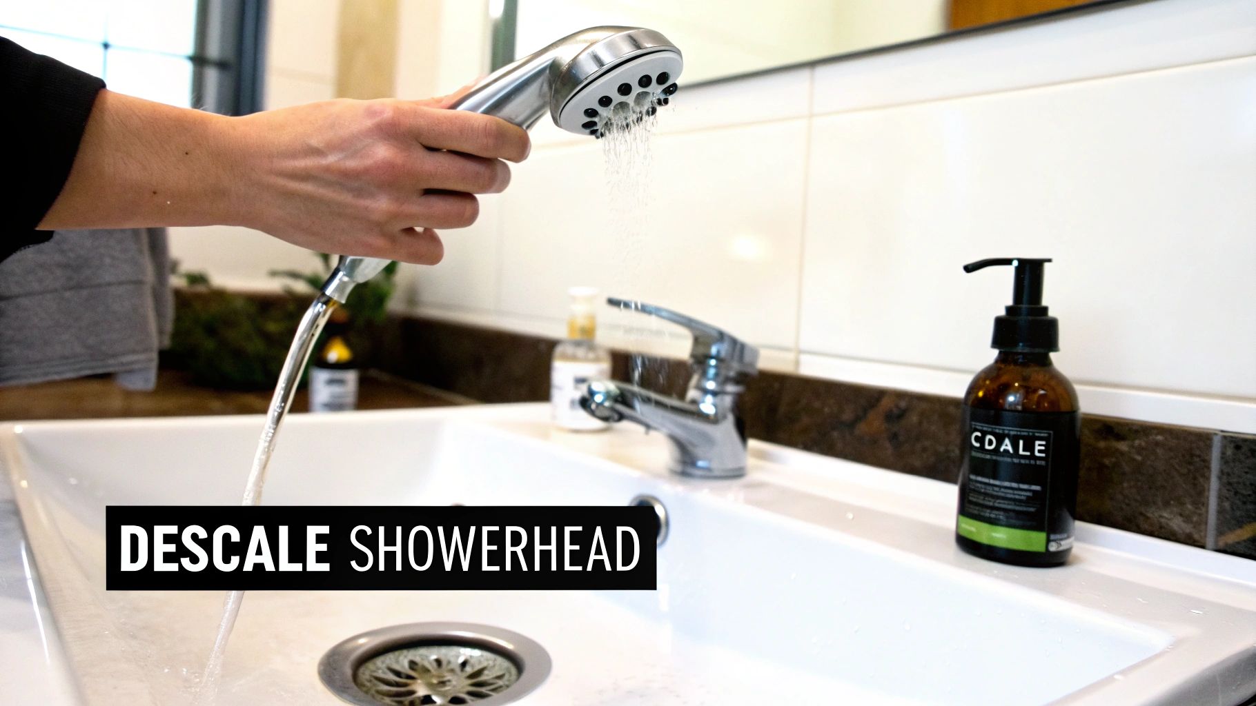 A person holds a showerhead with water spraying into a white sink, featuring text 'DESCALE SHOWERHEAD'.