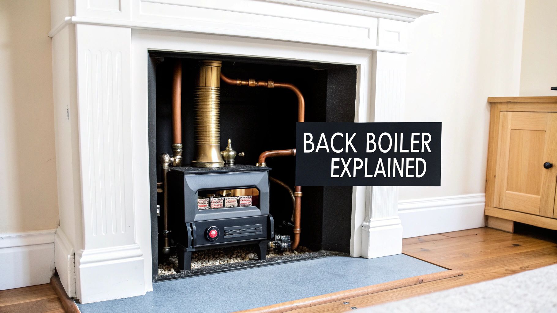 A black back boiler unit with copper pipes installed within a white fireplace, labeled 'BACK BOILER EXPLAINED'.