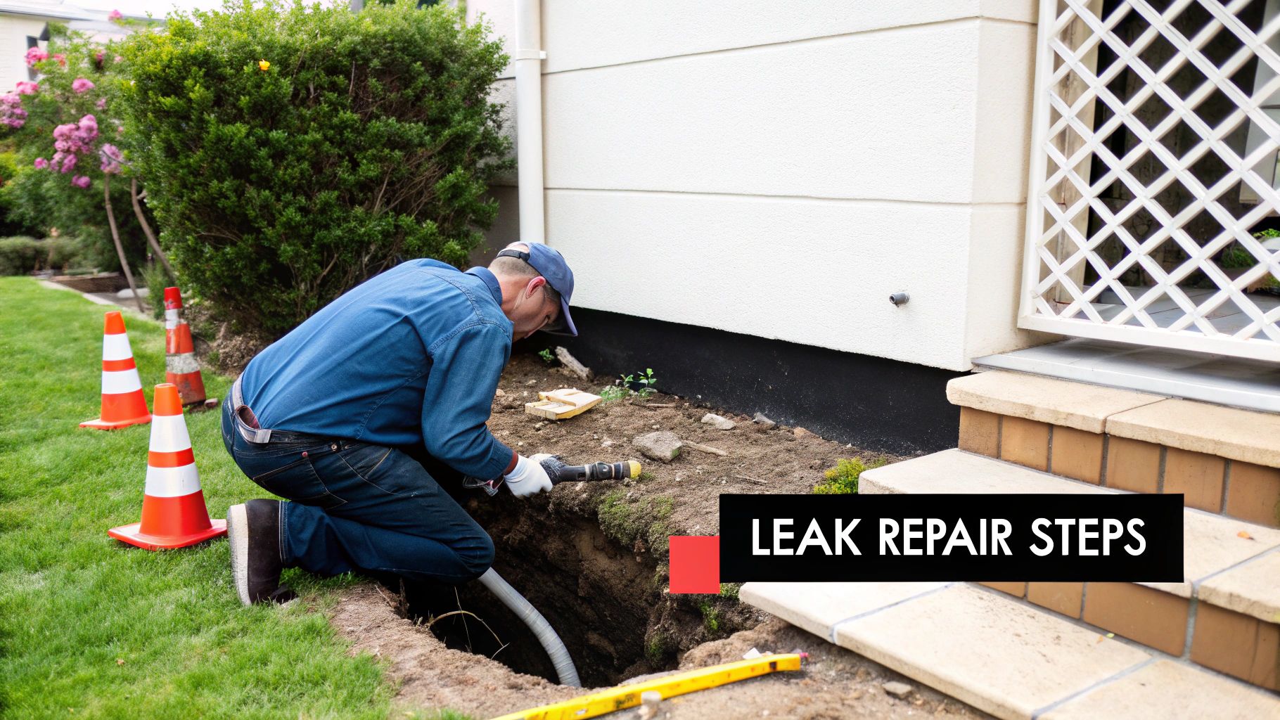 A worker in blue attire and cap kneeling to repair an underground pipe next to a house foundation, with traffic cones nearby.