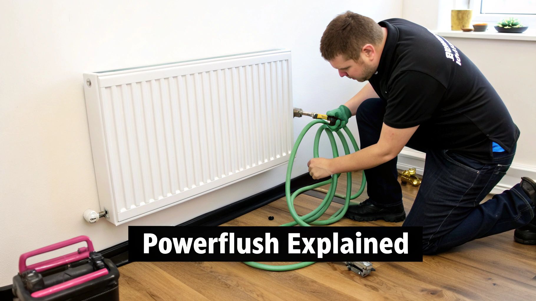 Professional heating engineer performing powerflush service on residential central heating radiator system