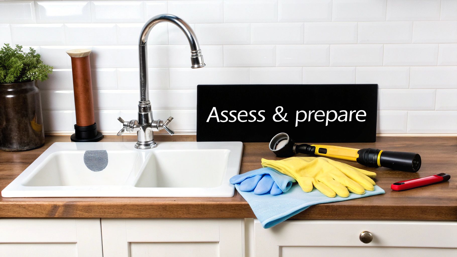 A kitchen sink with a sign saying 'Assess &amp; prepare', alongside yellow gloves, a blue cloth, and drain cleaning tools.