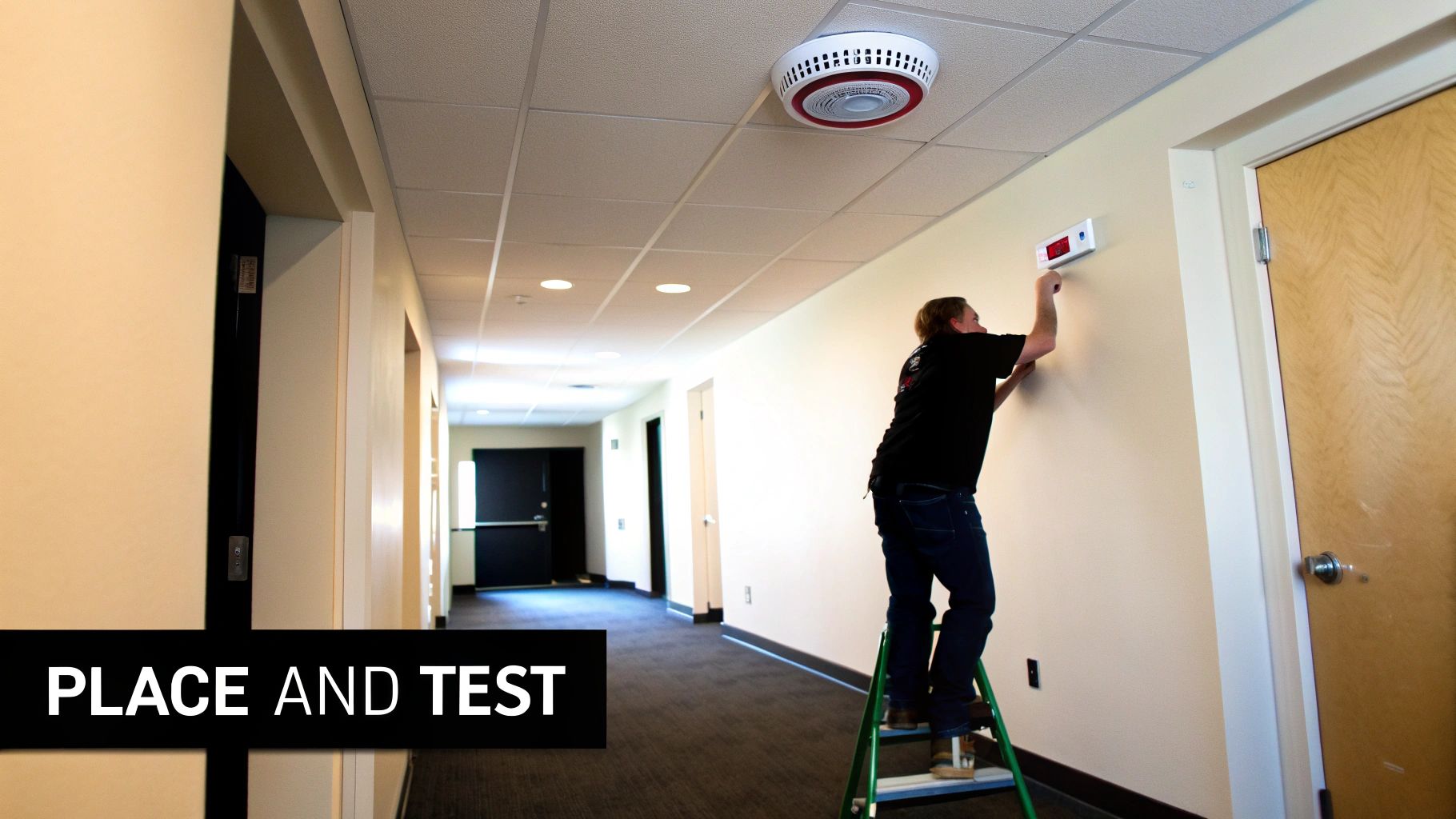 A man on a ladder testing a carbon monoxide alarm system in a building hallway.
