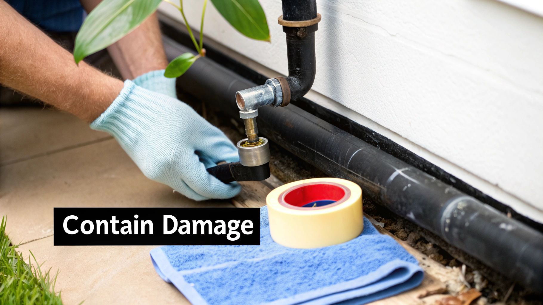 A professional plumber working on a burst pipe in a house.