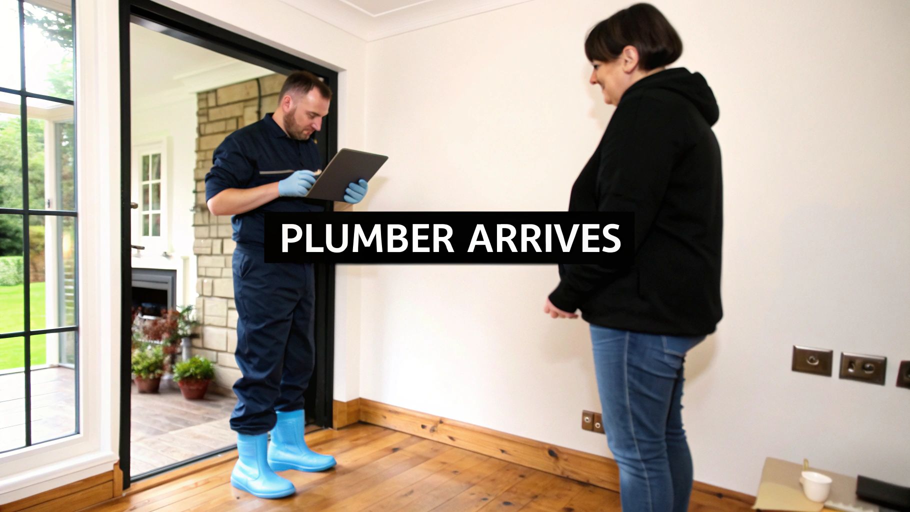 A male plumber in blue uniform and boots arrives at a home, holding a tablet and speaking with a female homeowner.