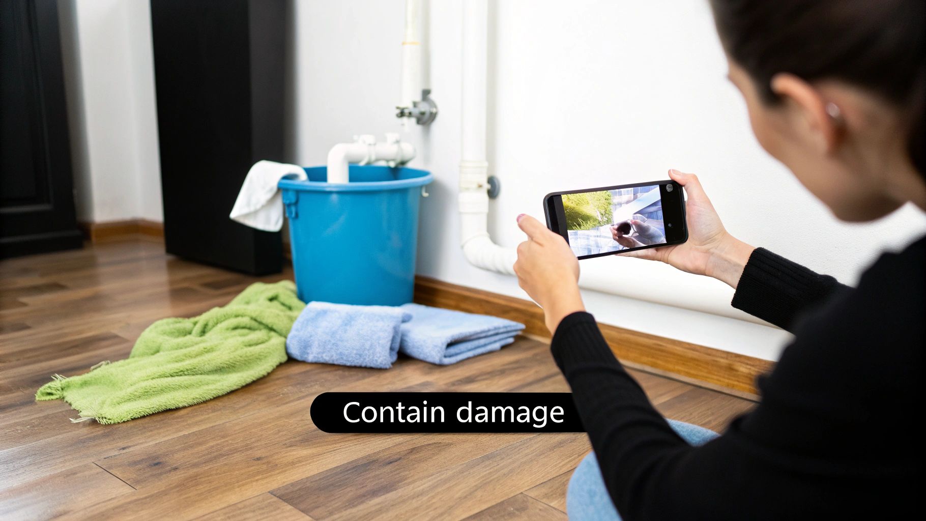 Woman photographs a water leak with her smartphone, showing a bucket collecting water and towels on the floor.