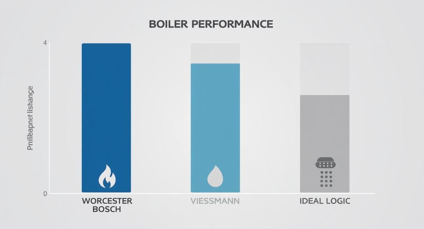 An infographic comparing the overall value and performance of Worcester Bosch, Viessmann, and Ideal Logic boilers, represented by flame, water drop, and shower head icons respectively.