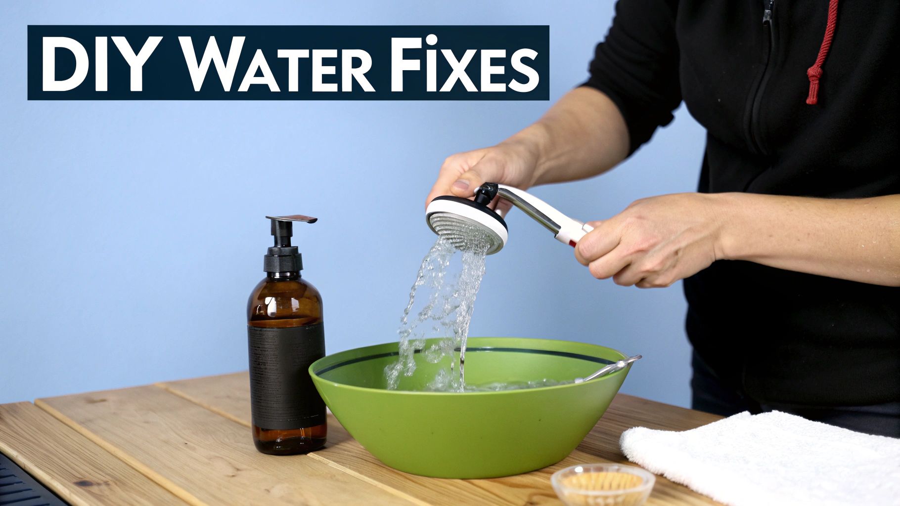 Person demonstrating water flow from a shower head into a green bowl for DIY water fixes.