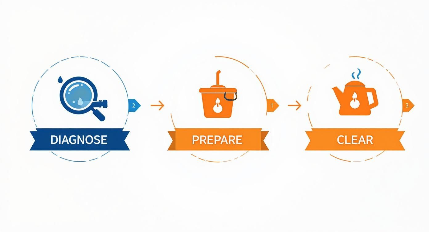 Three-step process diagram showing diagnose, prepare, and clear stages with water-themed icons.