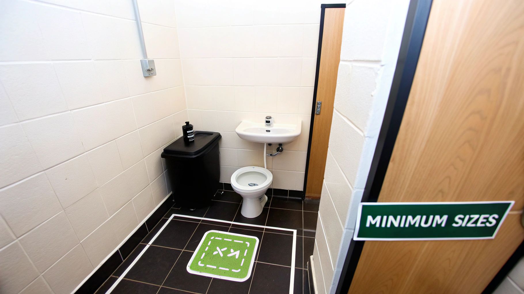 A compact public bathroom with a toilet, sink, and bin, featuring a green floor mat and a 'MINIMUM SIZES' door sign.