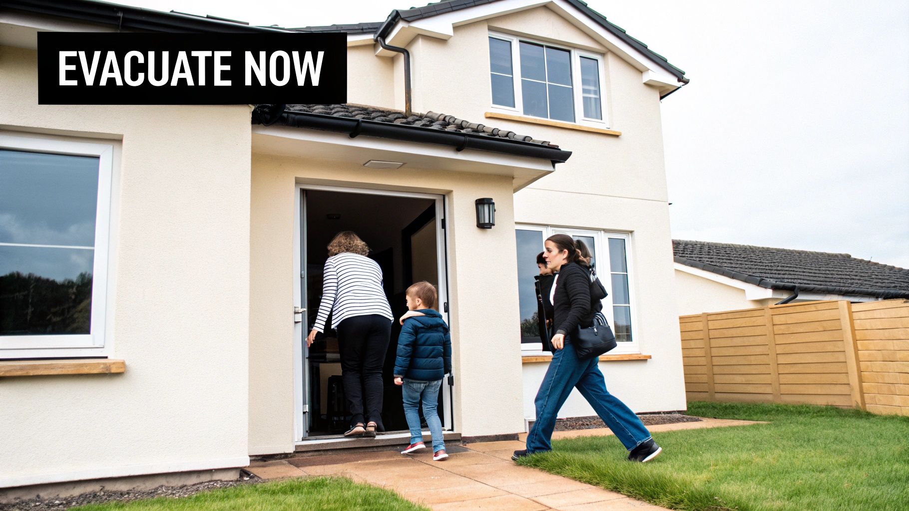 A family evacuates their home, with an 'EVACUATE NOW' sign visible on the house.
