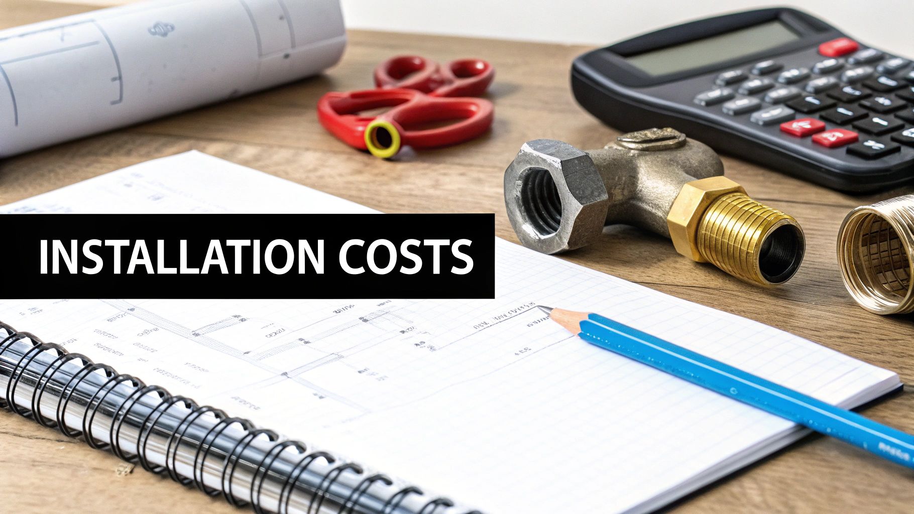 A collection of plumbing pipes and tools laid out, ready for an installation.