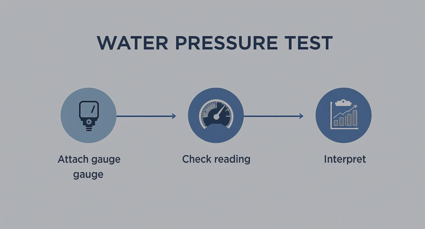 A diagram illustrating the three steps of a water pressure test: attach gauge, check reading, and interpret.