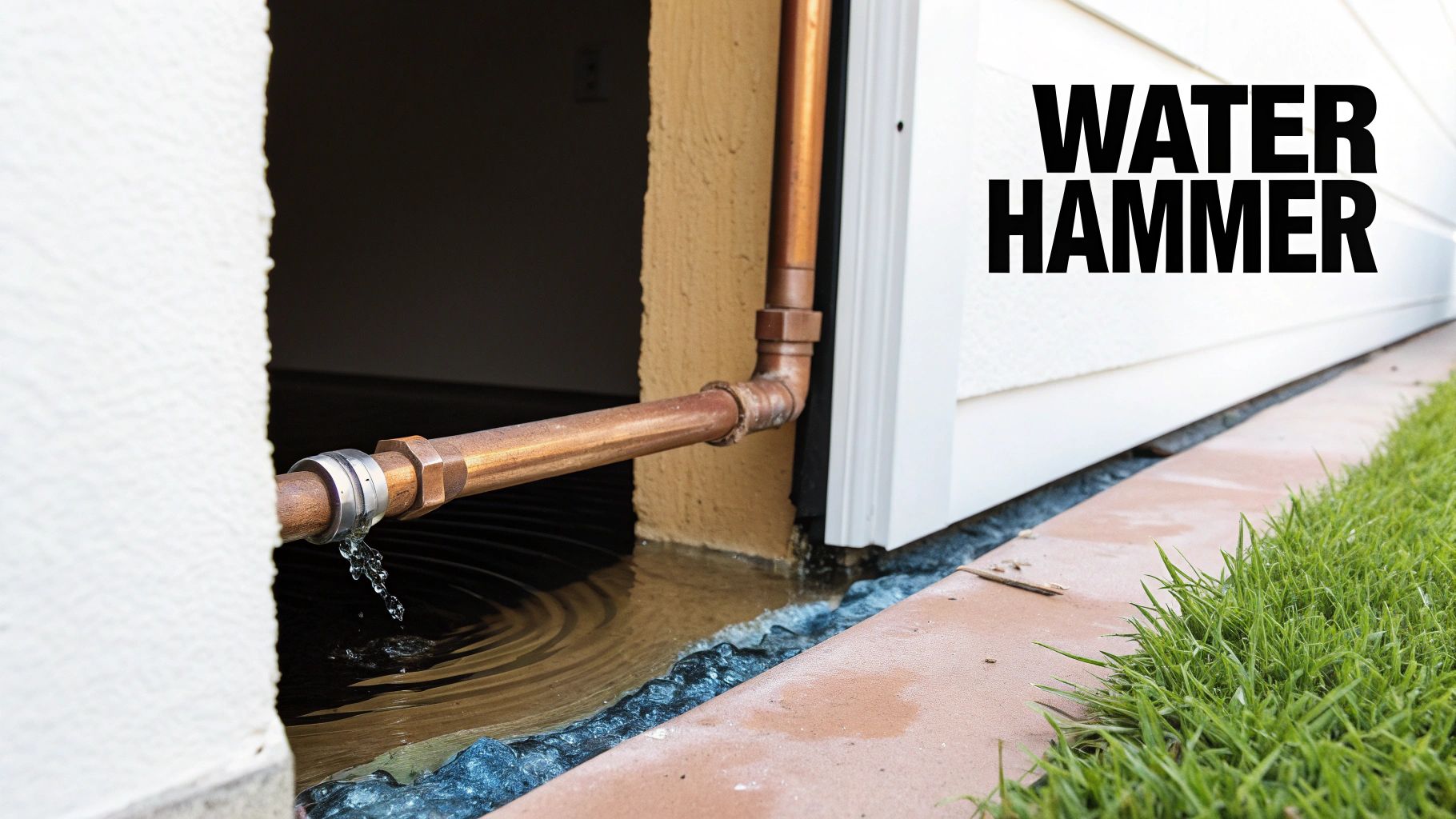 A copper pipe leaks water onto the ground, forming a puddle next to a building wall, with 'WATER HAMMER' text.