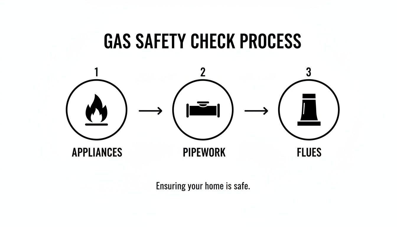 Visual flowchart illustrating the three steps of a gas safety check: appliances, pipework, and flues, ensuring home safety.