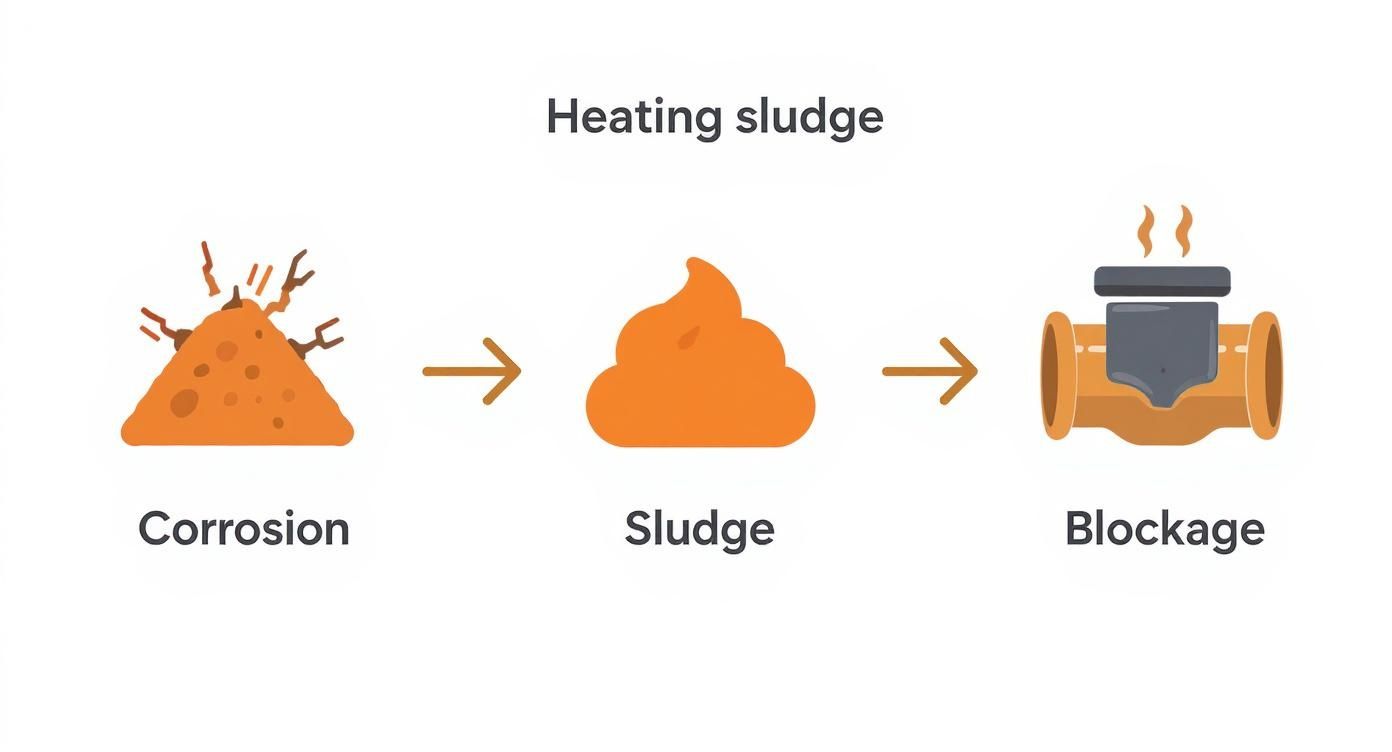 An infographic showing how corrosion creates sludge, which then causes a blockage in heating systems.