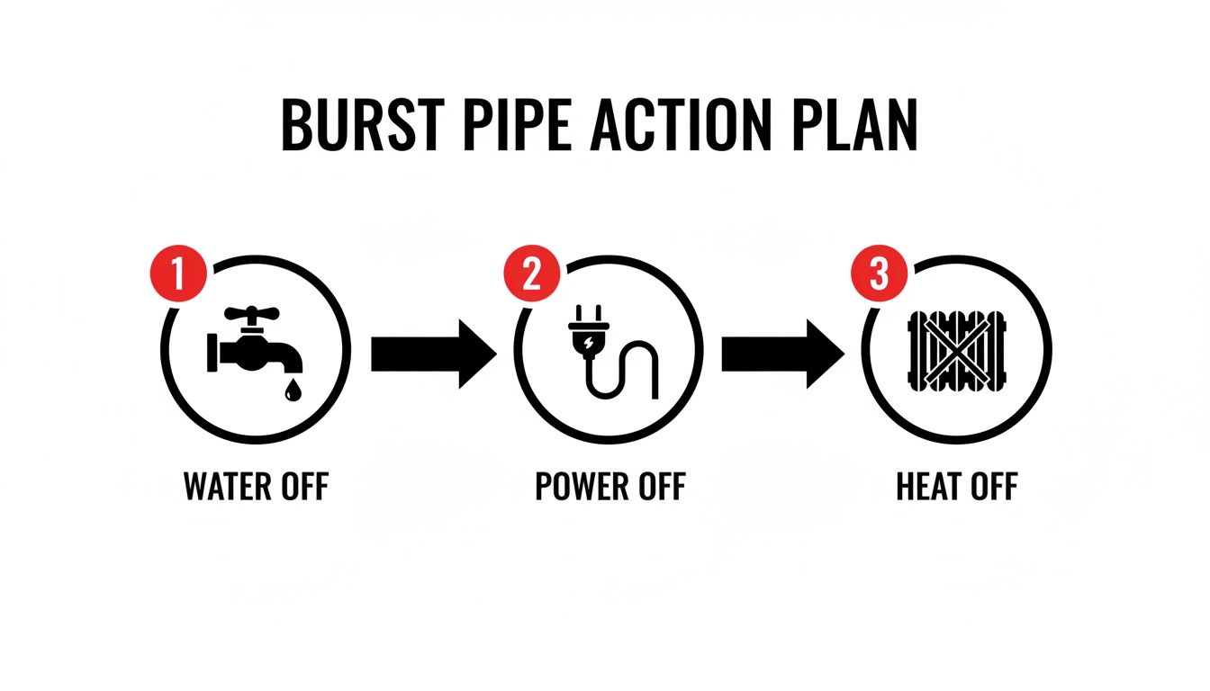 An action plan for a burst pipe showing three steps: turn off water, power, and heat.