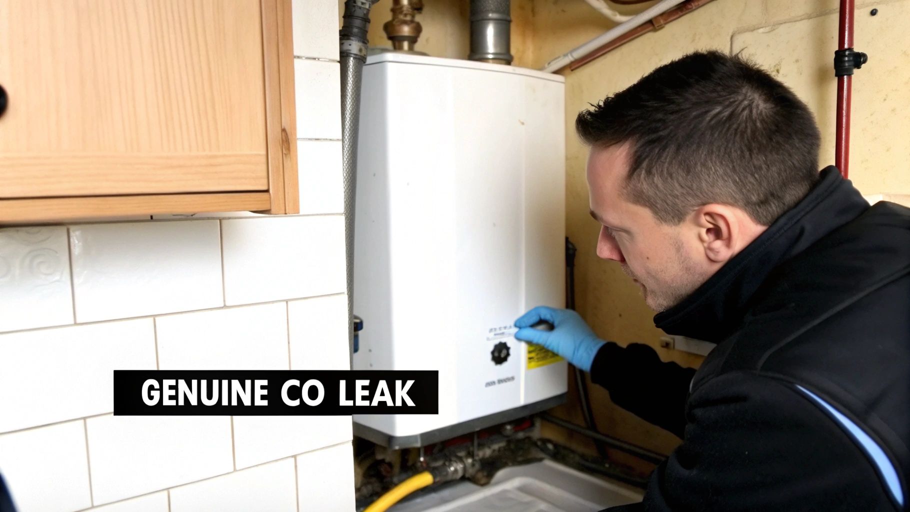 A technician in blue gloves examines a white wall-mounted boiler, with text indicating a carbon monoxide leak.
