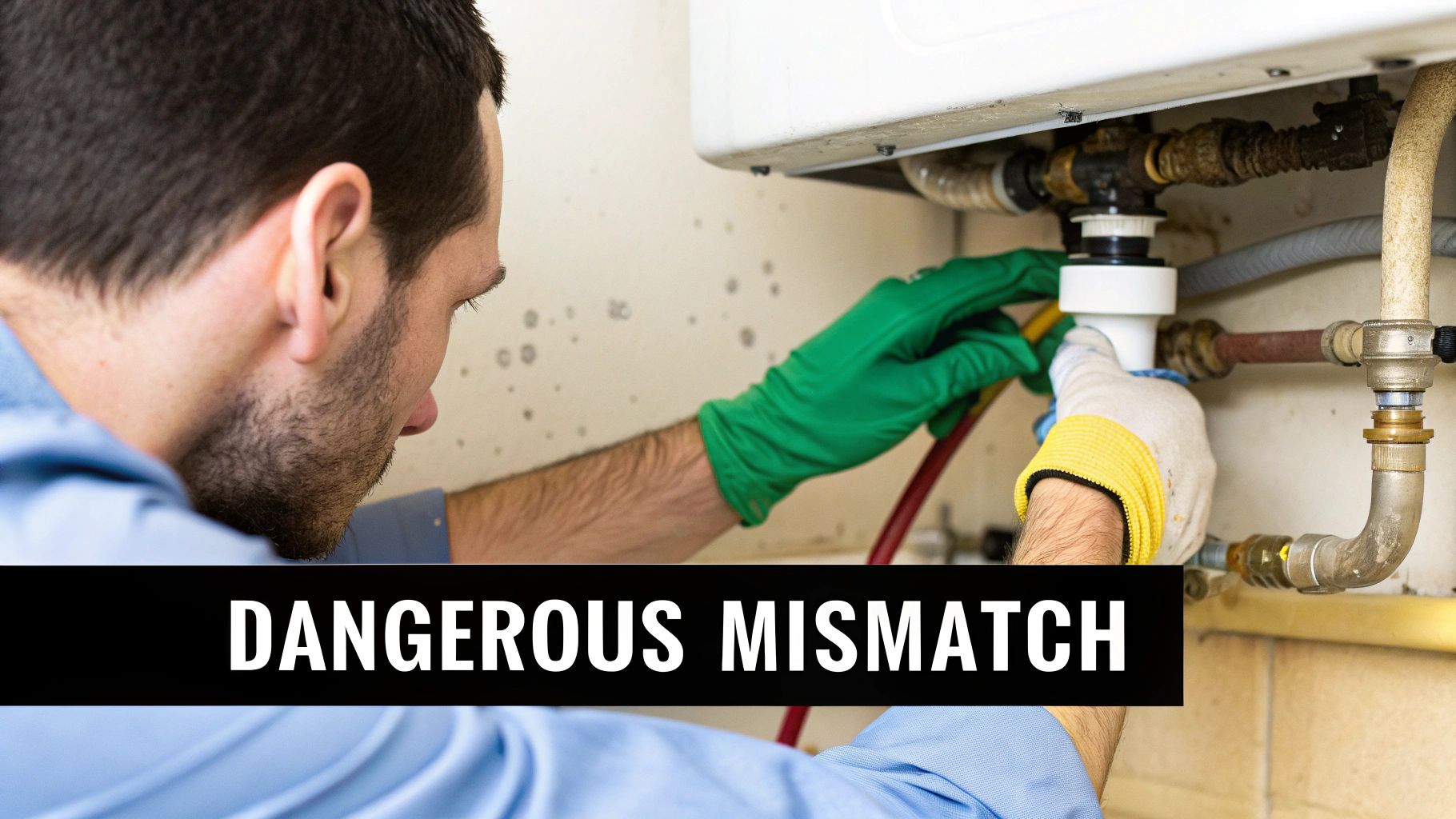 A plumber wearing mismatched gloves working on pipes connected to a combi boiler.
