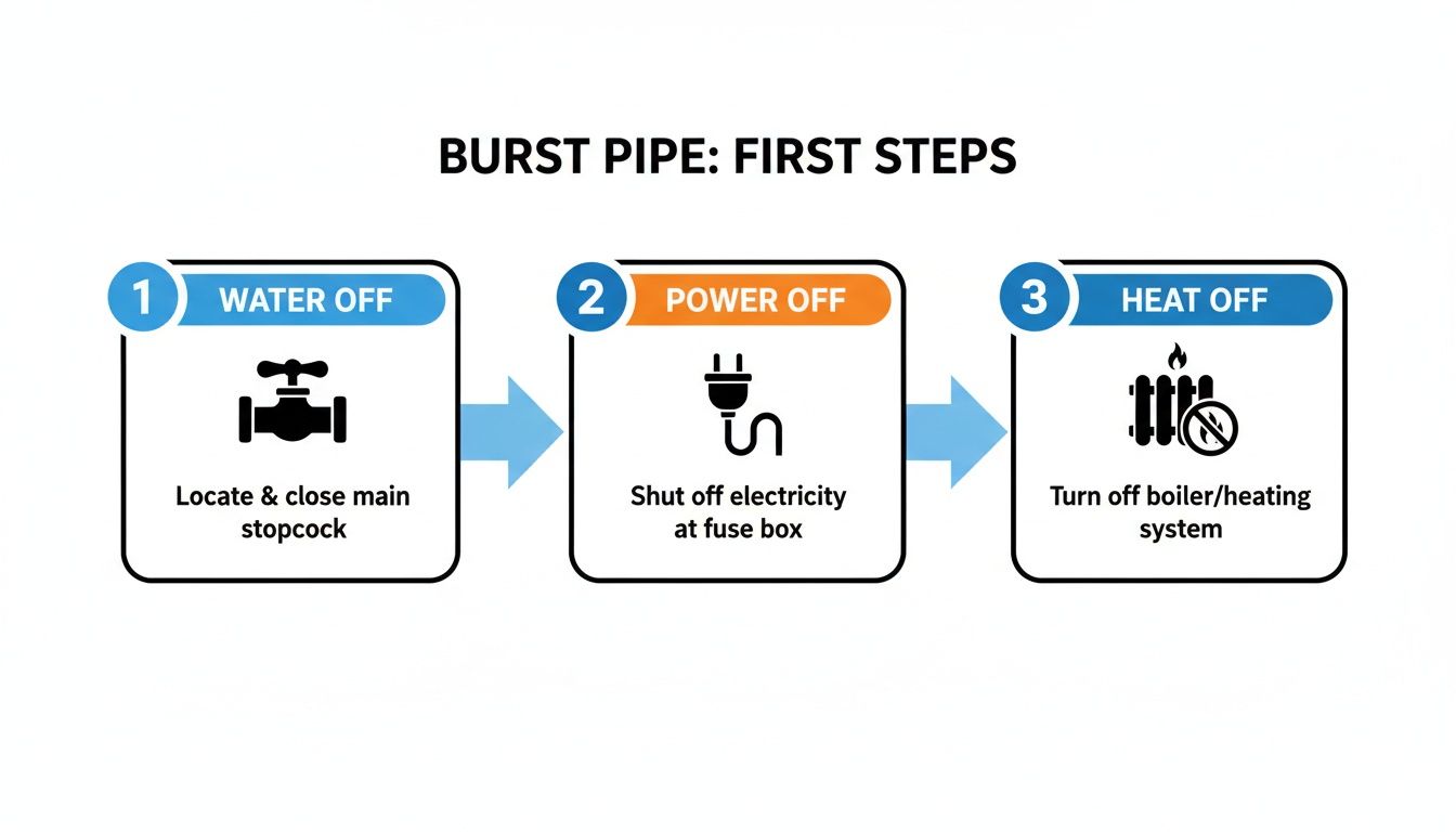 Three easy steps to handle a burst pipe emergency: turn off water, power, and heating.