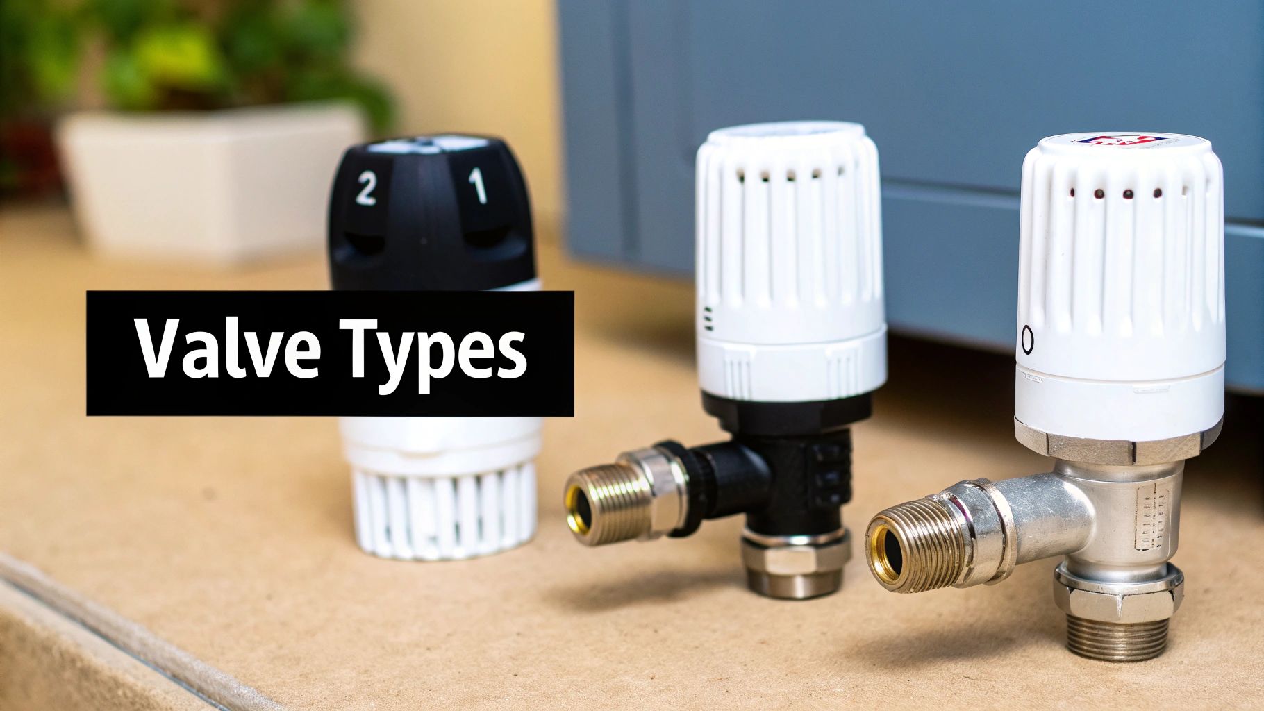 Close-up of various thermostatic radiator valves and a black manual valve, used for heating control.