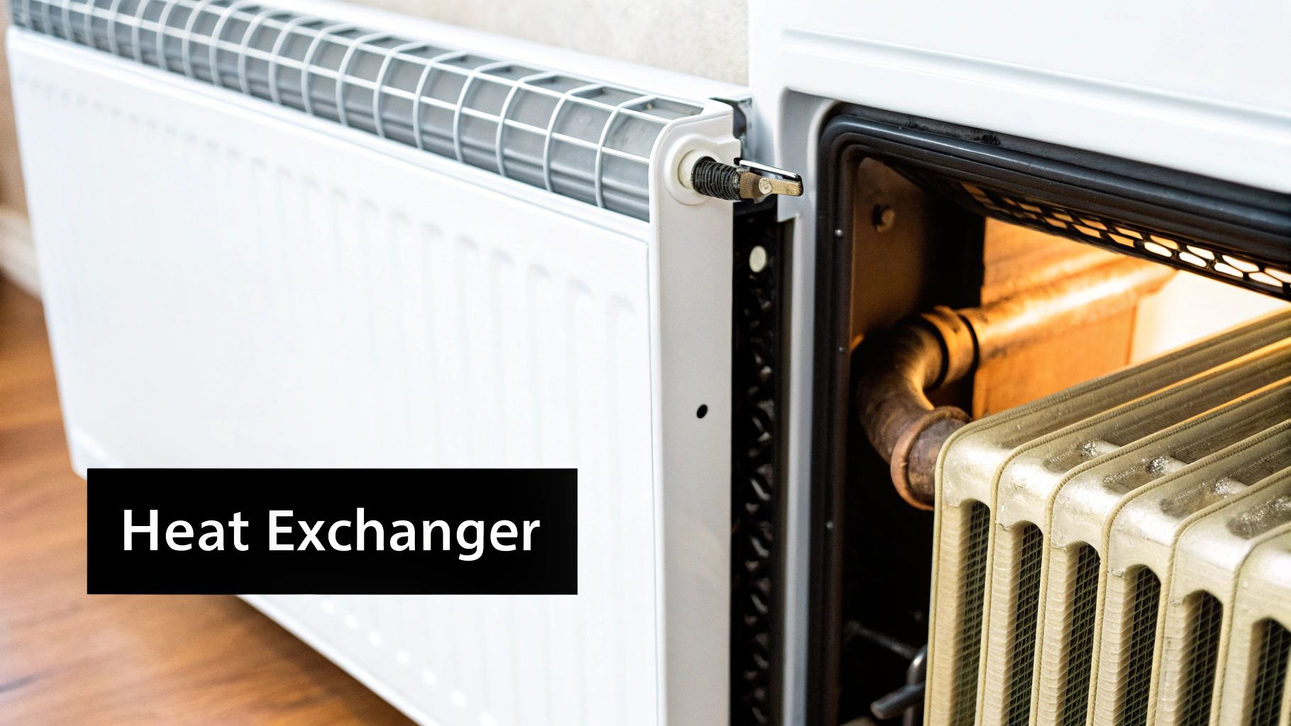 Close-up of a heat exchanger inside a heating unit, next to a modern white radiator.