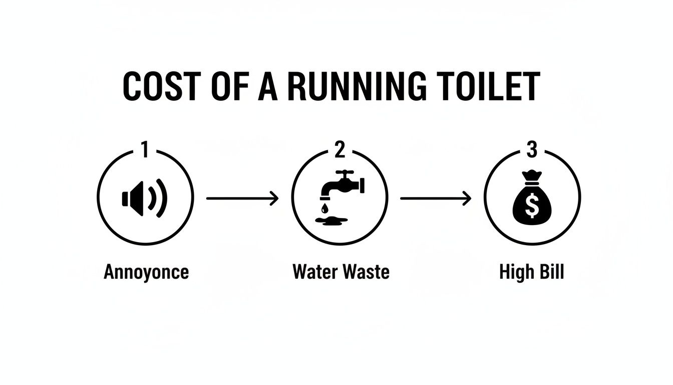 A diagram illustrating the negative consequences of a running toilet: annoyance, water waste, and a high bill.