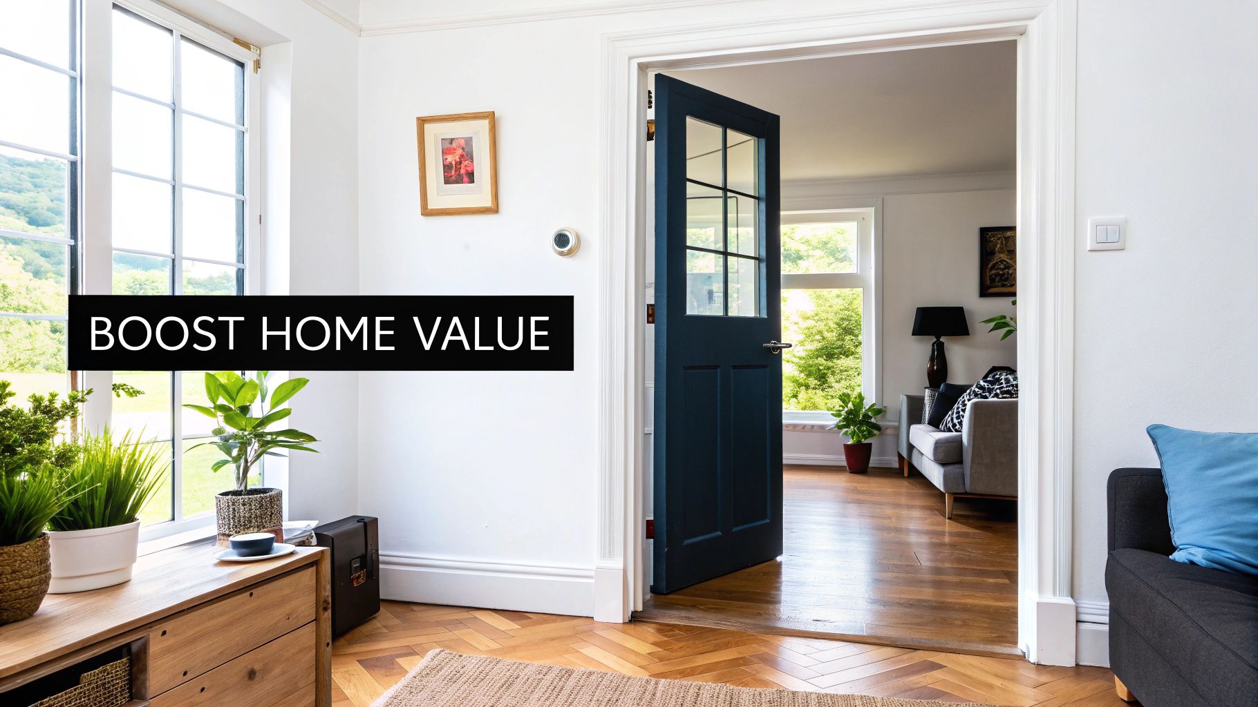 Bright home interior with open dark blue door, hardwood floors, plants, and a cozy living area.