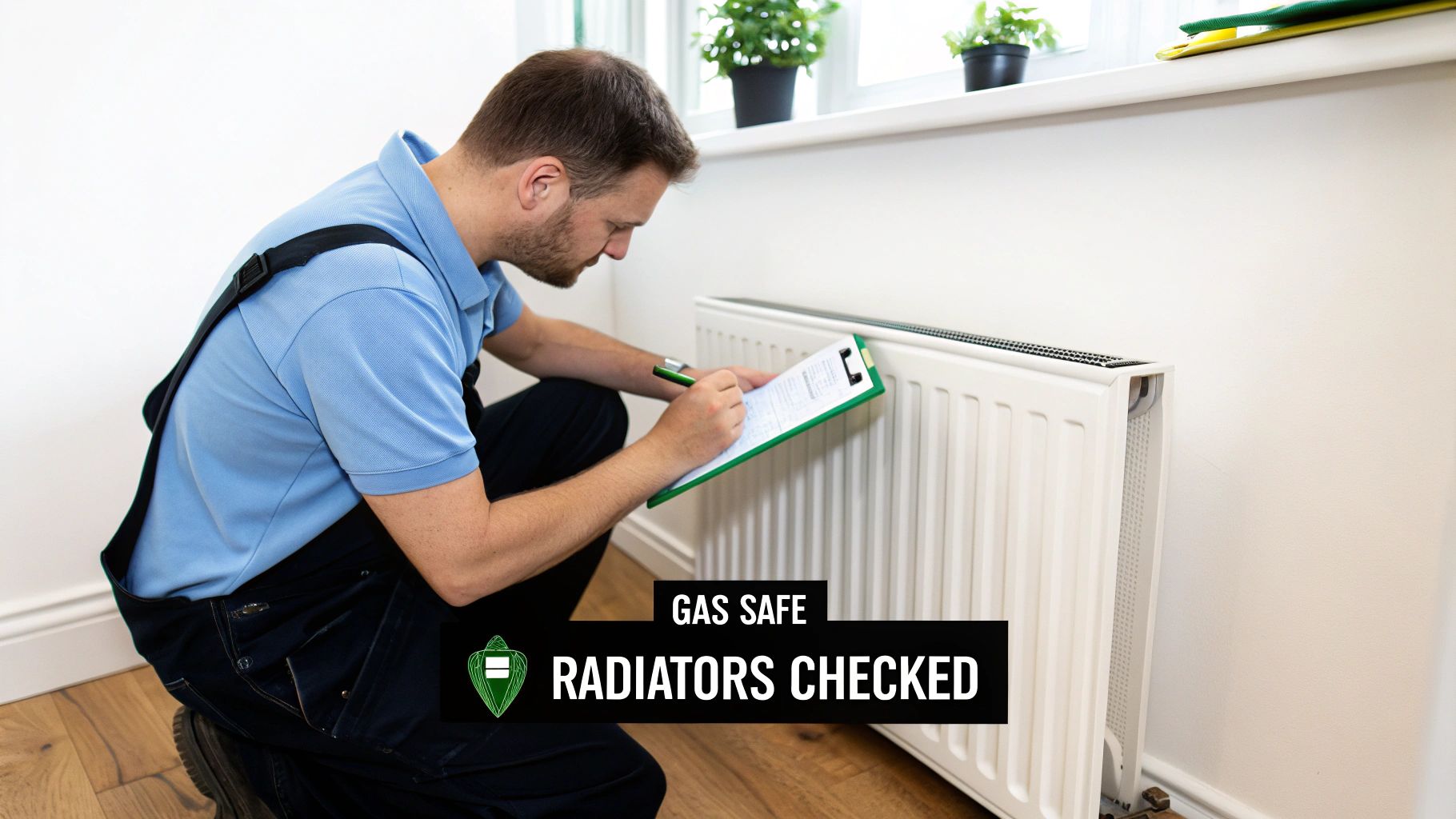 A gas engineer in work clothes inspects a white radiator, writing notes on a clipboard.