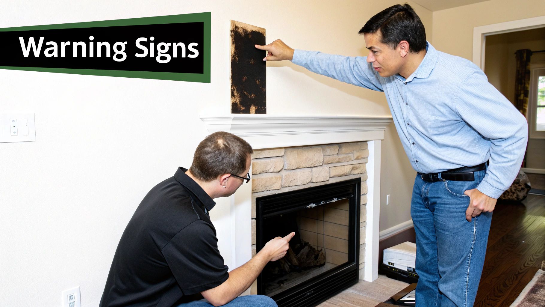 Two men examining warning signs of soot or mold above a fireplace during a home inspection.