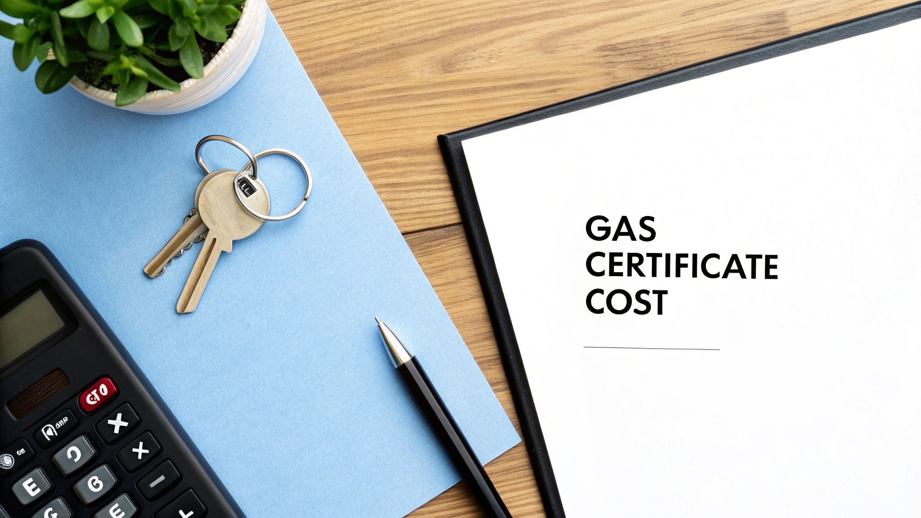 Overhead view of a desk with calculator, keys, pen, plant, and document showing 'GAS CERTIFICATE COST'.