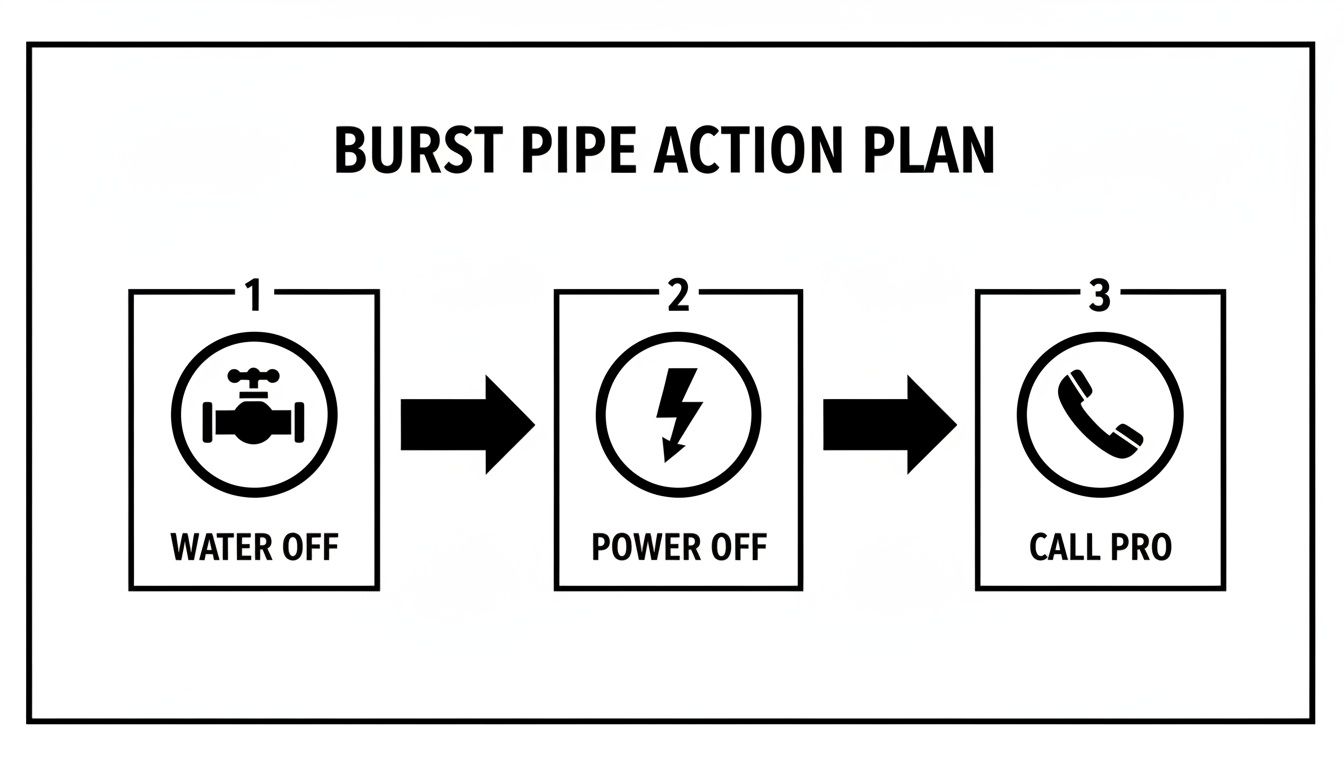 A clear, sequential diagram outlining a burst pipe action plan: turn water off, turn power off, then call a professional.
