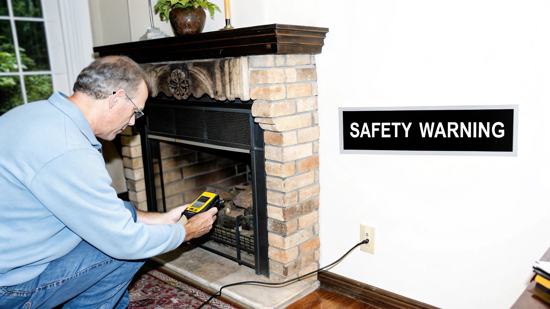 A man in a blue shirt inspects a brick fireplace with a yellow device, next to a 'Safety Warning' sign.