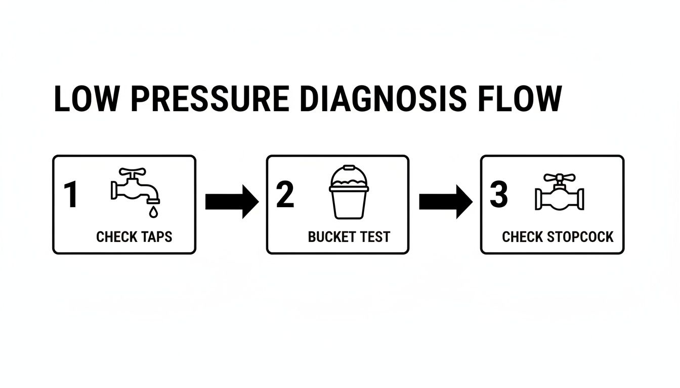 A black and white flowchart outlining three steps to diagnose low water pressure issues in a home.