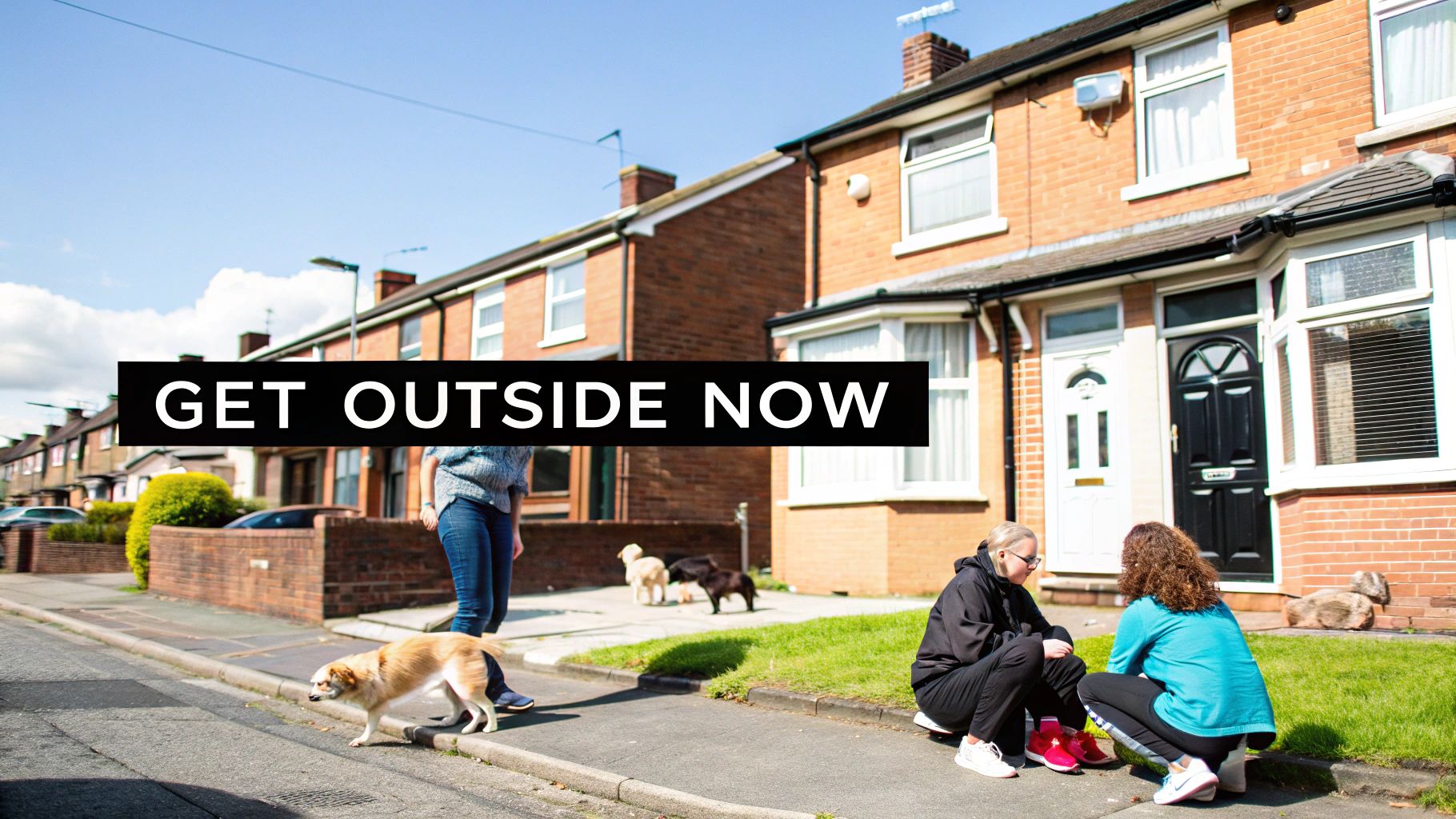 People and dogs on a residential street with brick houses, under a 'GET OUTSIDE NOW' text overlay.