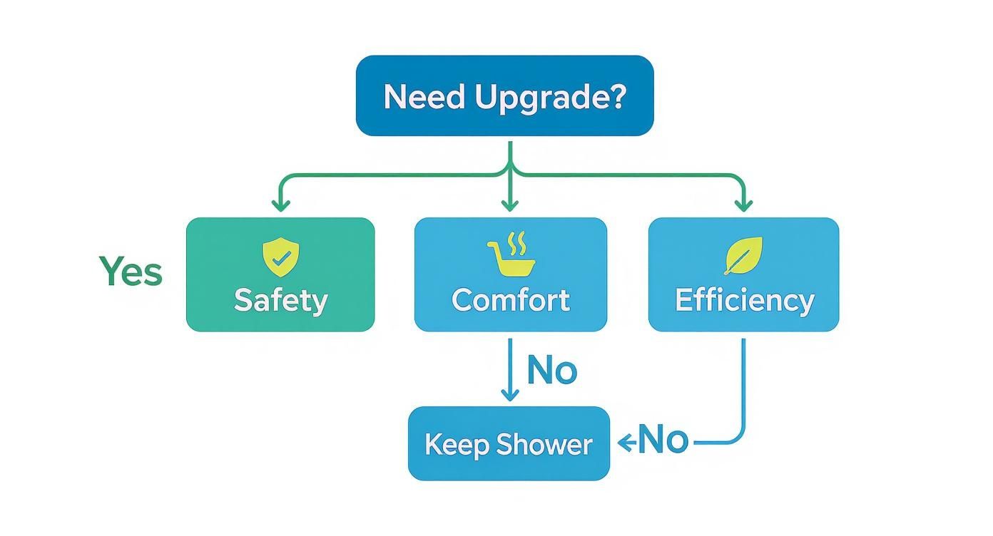 A decision flowchart illustrating when to upgrade a shower based on safety, comfort, and efficiency needs.