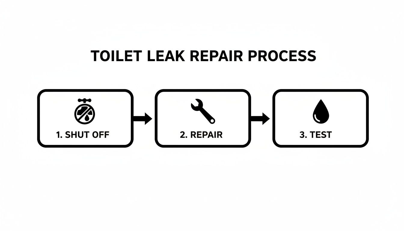 Flowchart illustrating three steps for toilet leak repair: shut off water, repair the leak, and test.