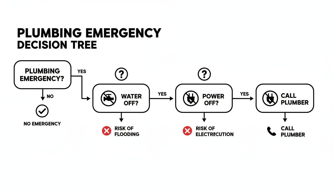 Plumbing emergency decision tree flowchart guiding actions like turning off water/power and calling a plumber.