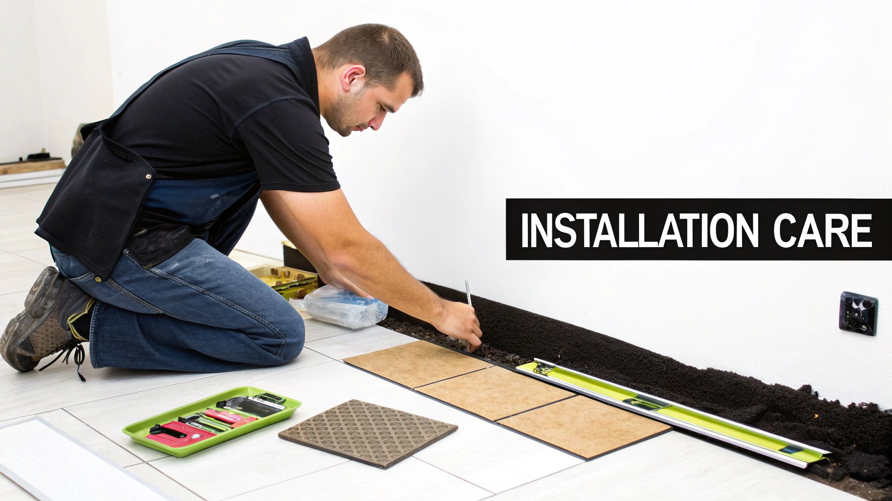 A man kneeling, meticulously installing brown floor tiles, surrounded by tools and materials.