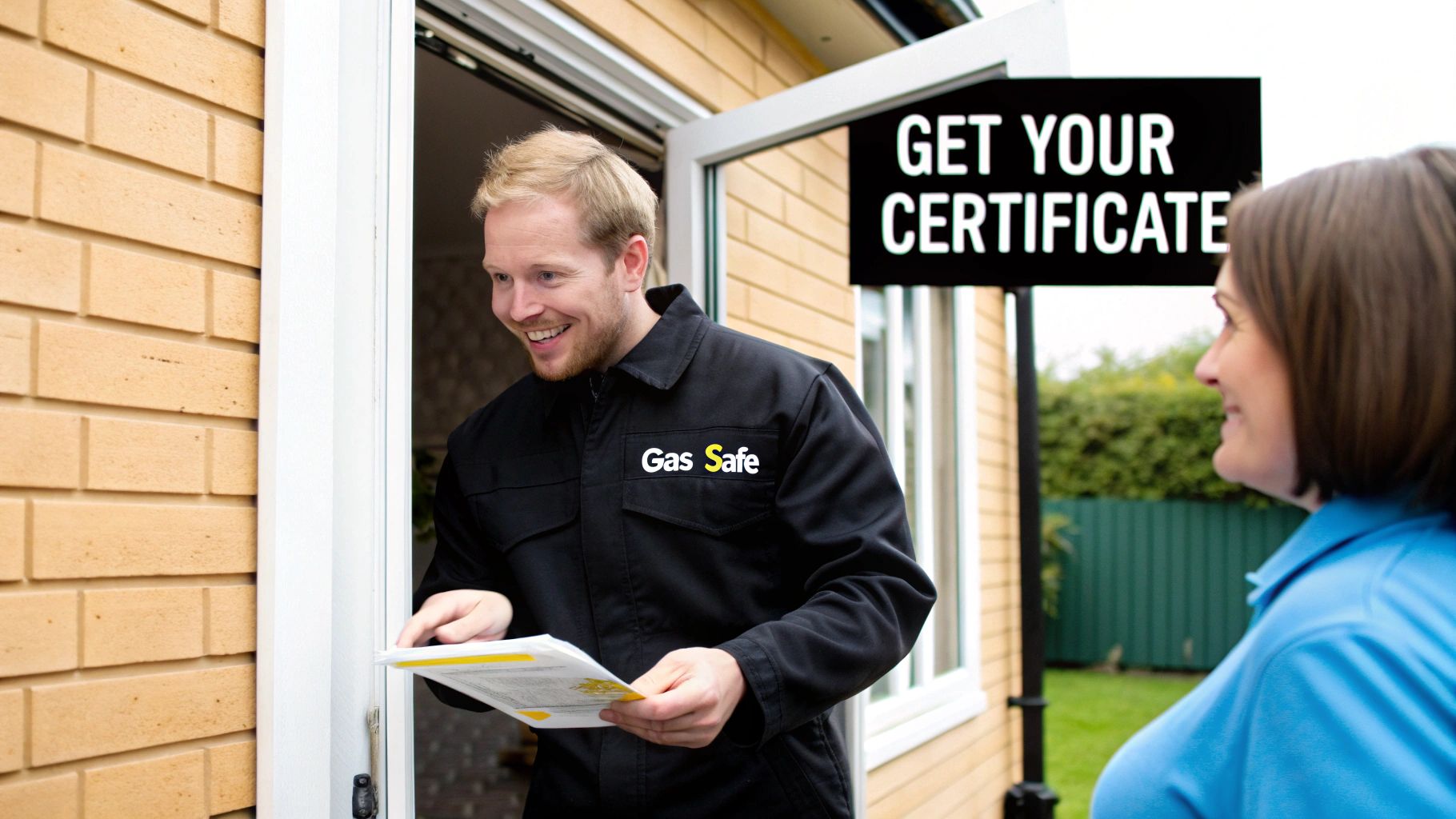 A smiling Gas Safe engineer hands documents to a customer outside her home, with a "GET YOUR CERTIFICATE" sign in the background.