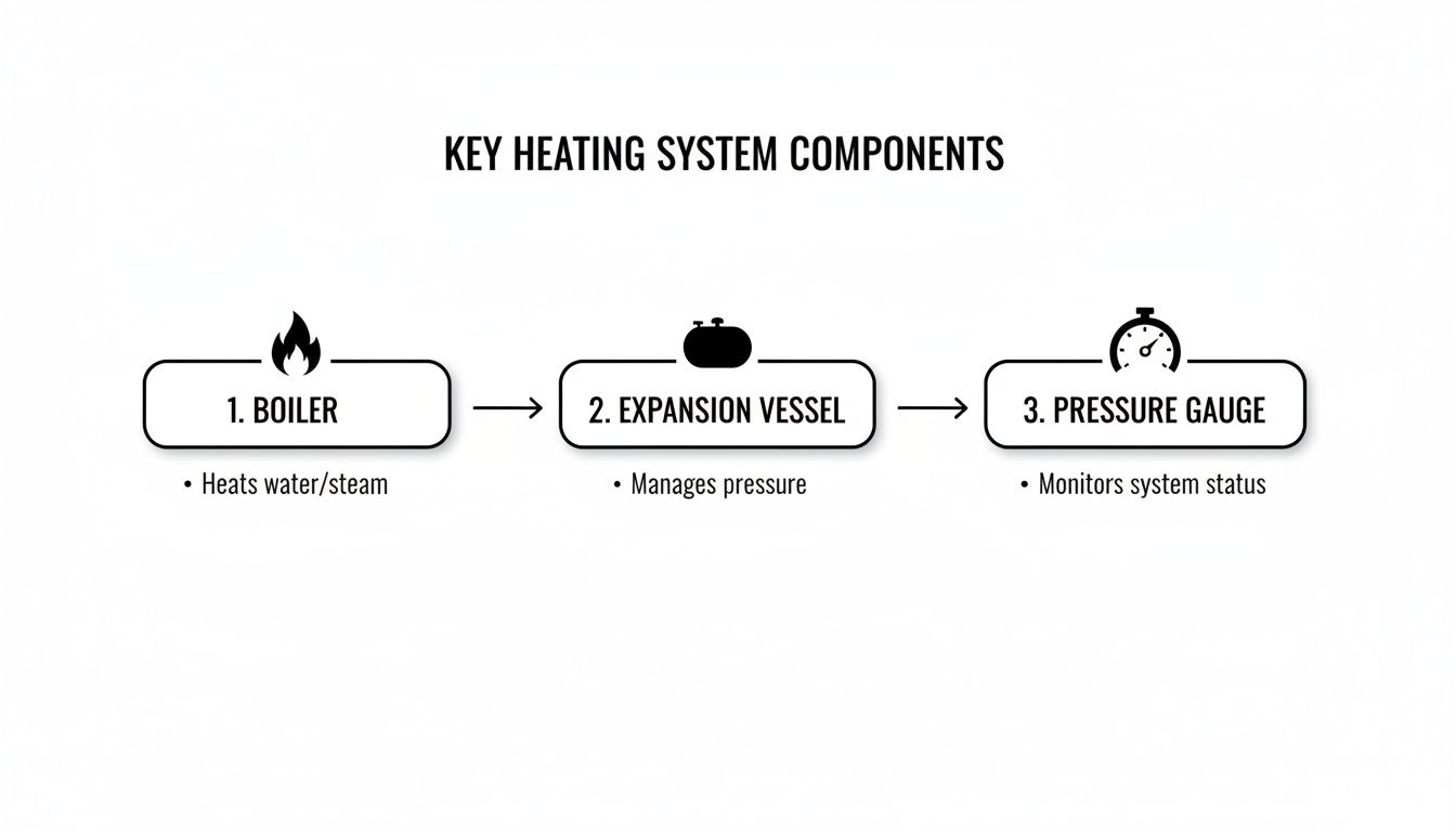 A diagram illustrates key heating system components: boiler, expansion vessel, and pressure gauge with descriptions.